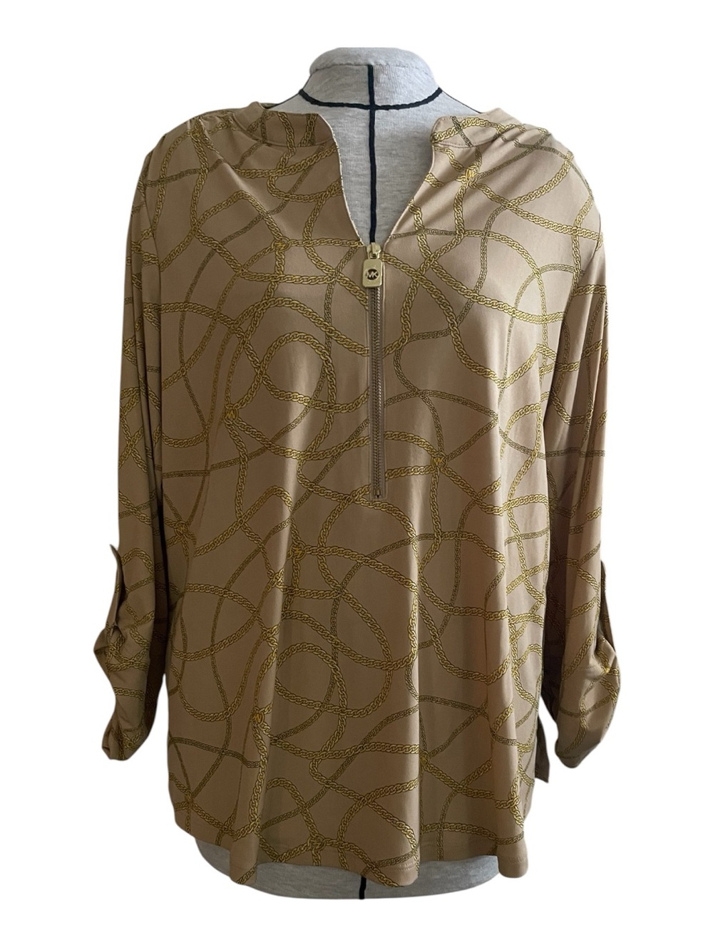 Michael Kors Beige Chain-Pattern Zip Front Blouse